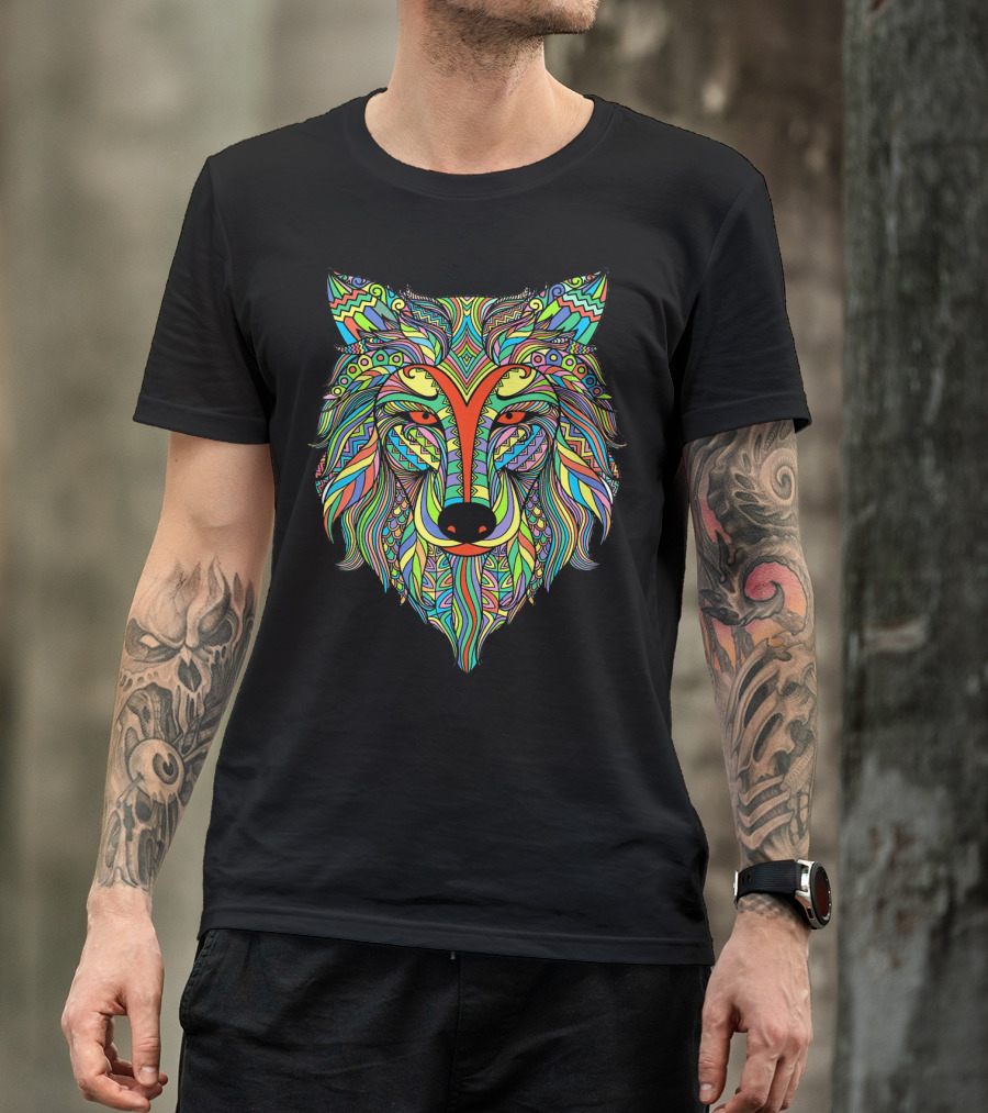 Colourful Wolf Vibrant Psychedelic Pattern In 5 Colours T-Shirt