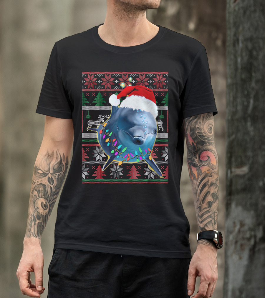 Cute Dolphin Lover Christmas Lights Santa Hat T-Shirt