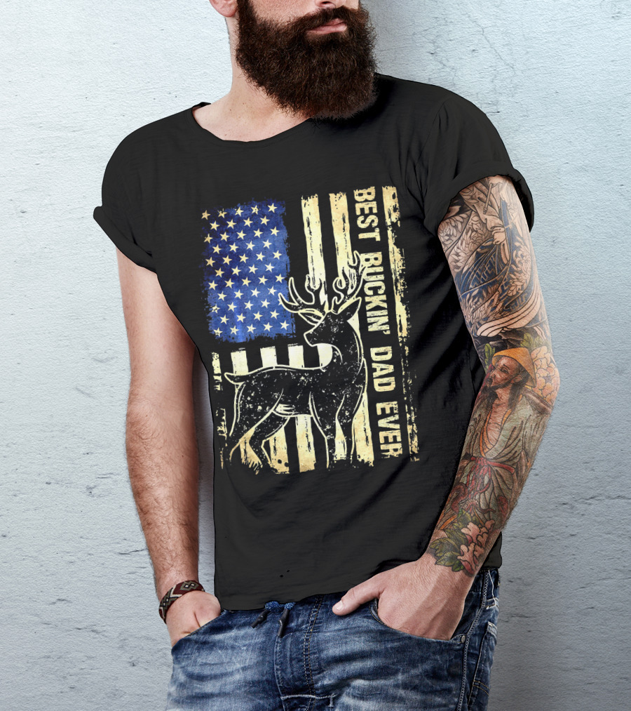 Best Buckin Dad Ever Distressed Deer Flag T-Shirt