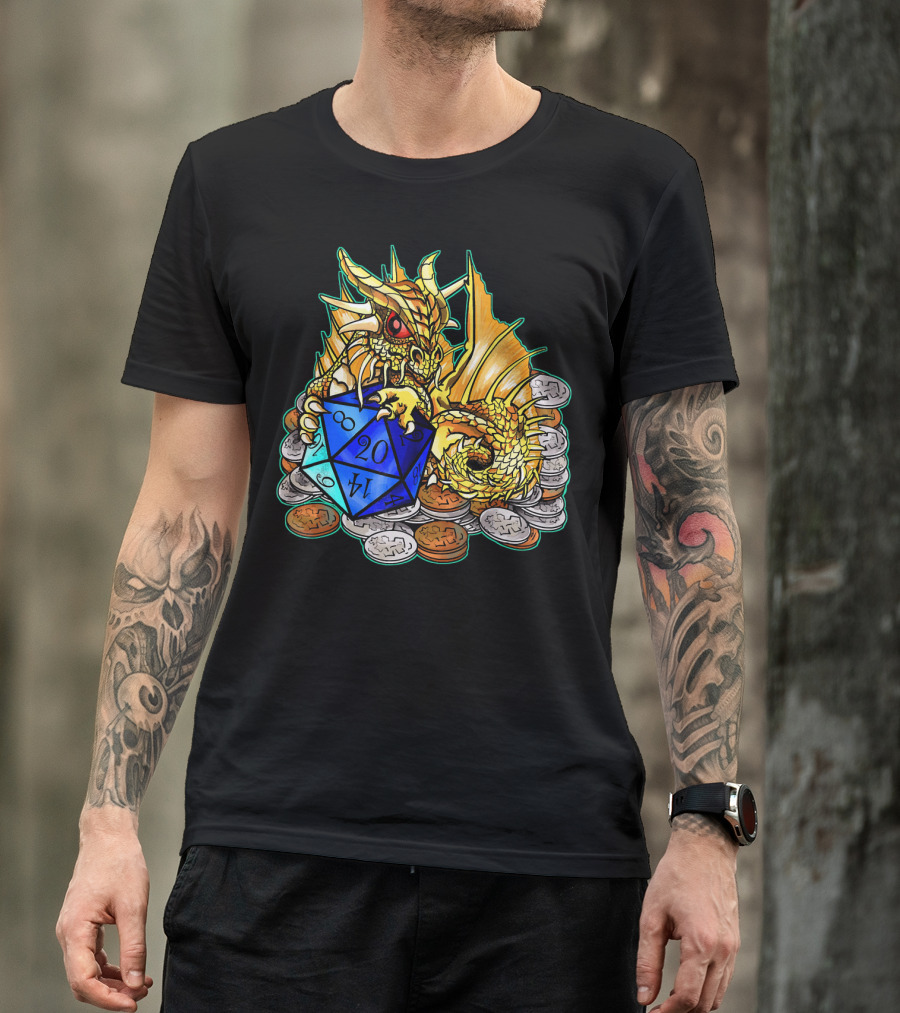 Baby Gold Dragon With D20 Dice And Coin Hoard T-Shirt