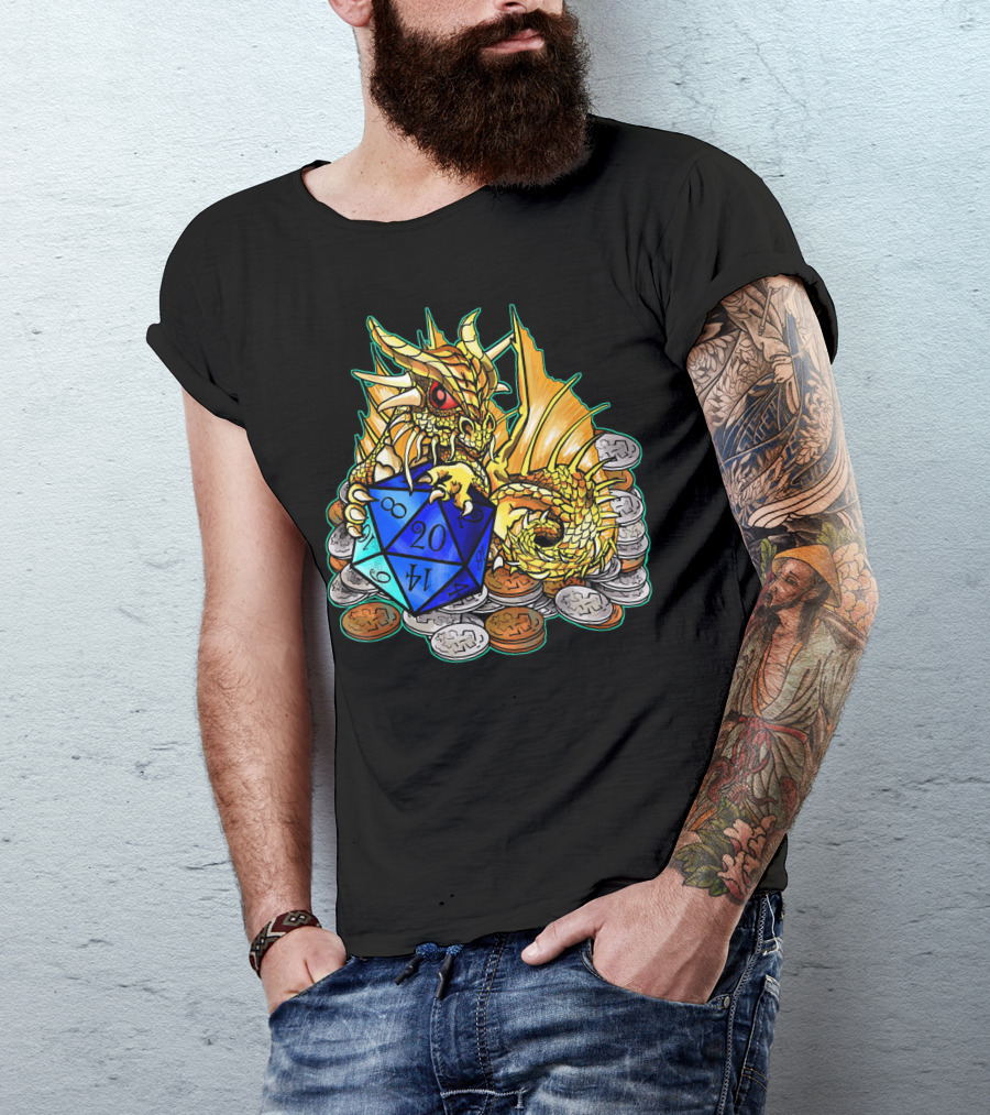 Baby Gold Dragon With D20 Dice And Coin Hoard T-Shirt
