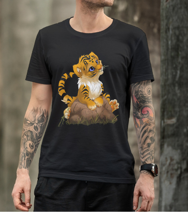 Cute Tiger Cub Playfully Sitting On Rock With Grass T-Shirt