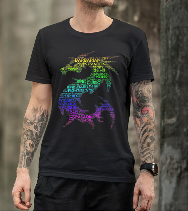 DND Rainbow Dragon Word Art With Barbarian Wizard Rogue Paladin T-Shirt