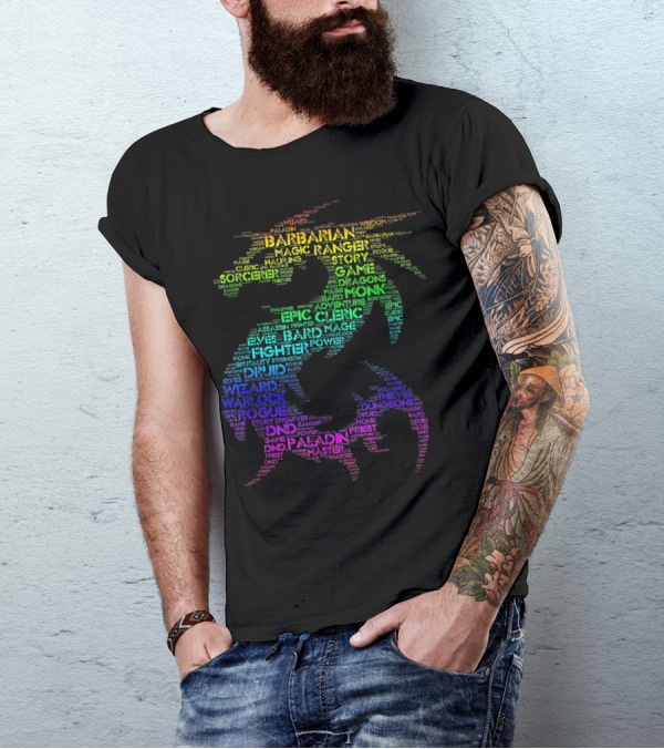 DND Rainbow Dragon Word Art With Barbarian Wizard Rogue Paladin T-Shirt