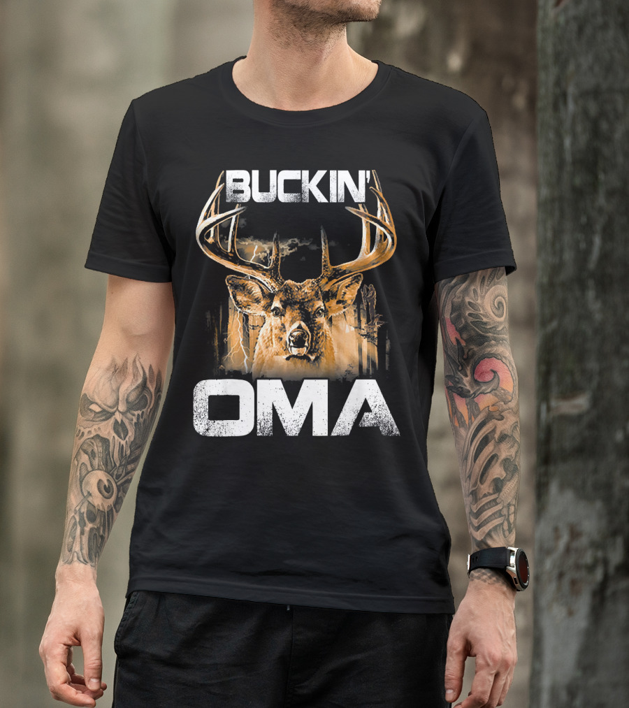 Buckin Oma Deer Hunting Bucking Stag Antlers And Lightning T-Shirt