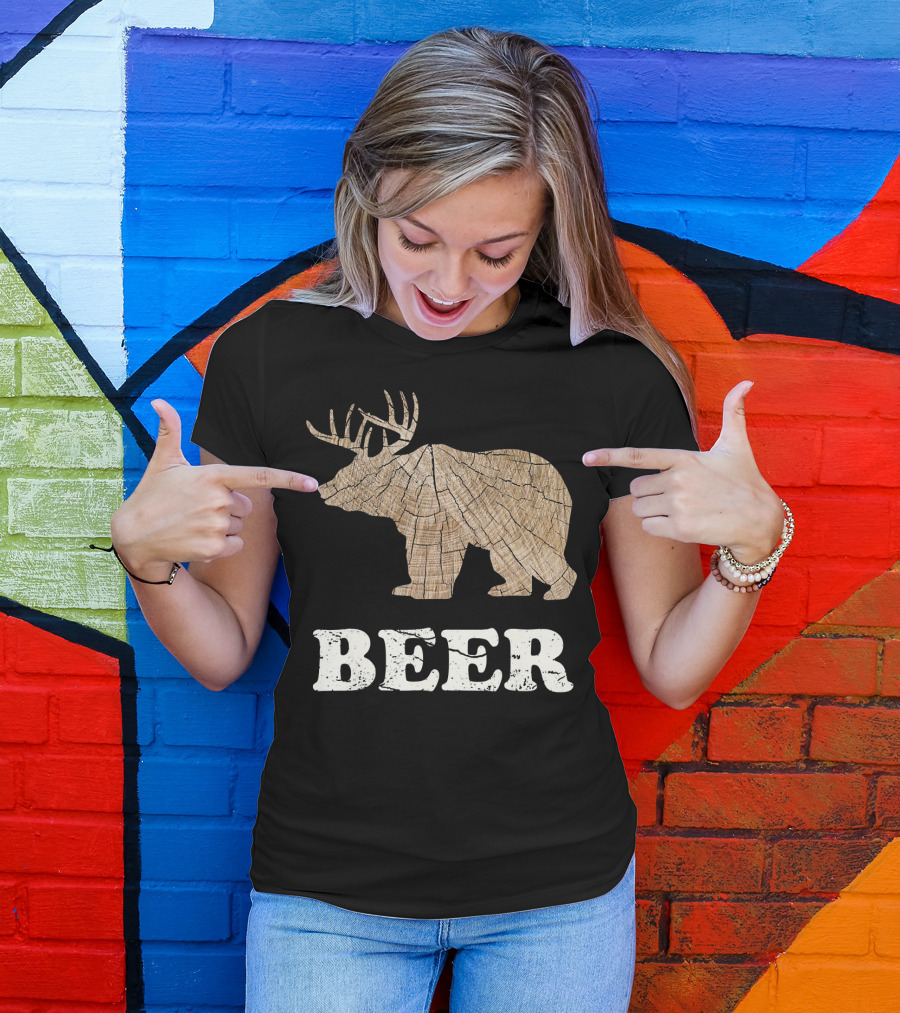 Bear Deer Antler BEER Wood Texture T-Shirt