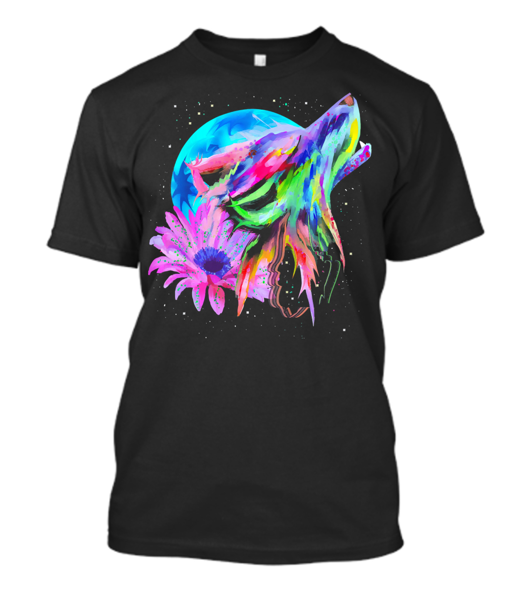 Colorful Rainbow Galaxy Festival Rave Wolf Flower Moon T-Shirt