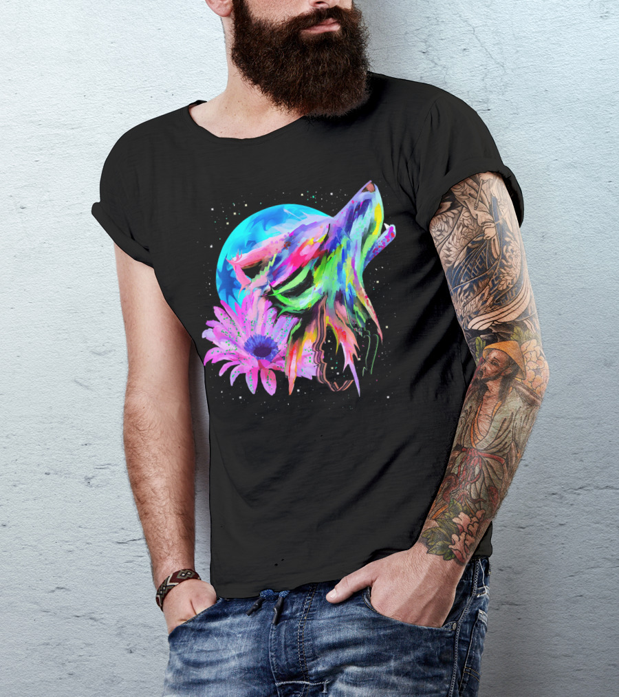 Colorful Rainbow Galaxy Festival Rave Wolf Flower Moon T-Shirt