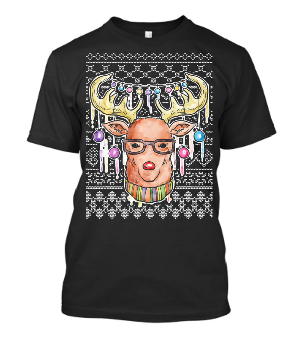 Funny Deer Ugly Christmas With Glasses And Santa Hat T-Shirt