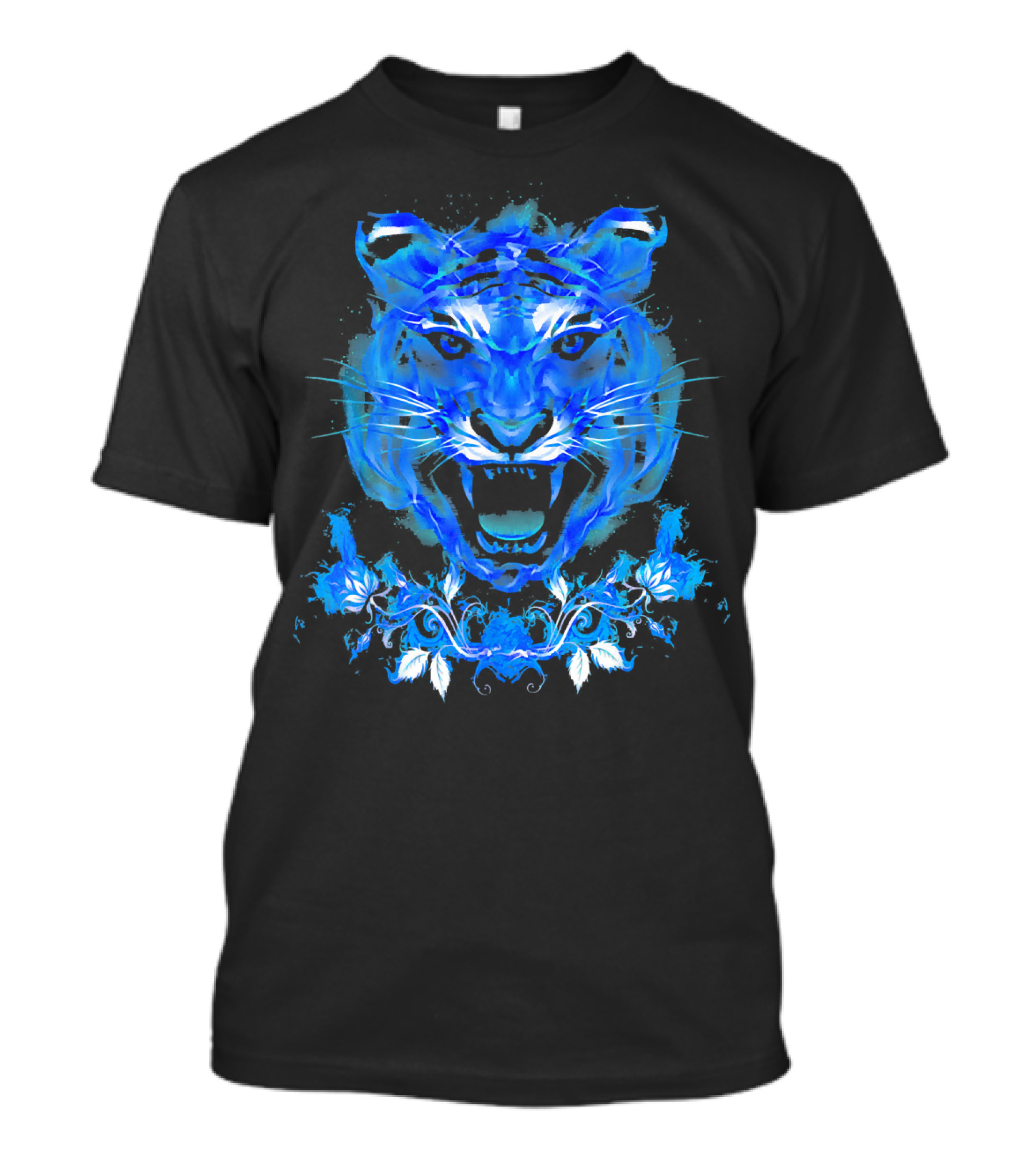 Blue Fire Tiger With Flaming Floral Elements T-Shirt