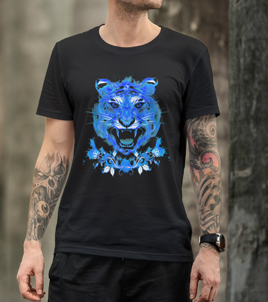 Blue Fire Tiger With Flaming Floral Elements T-Shirt
