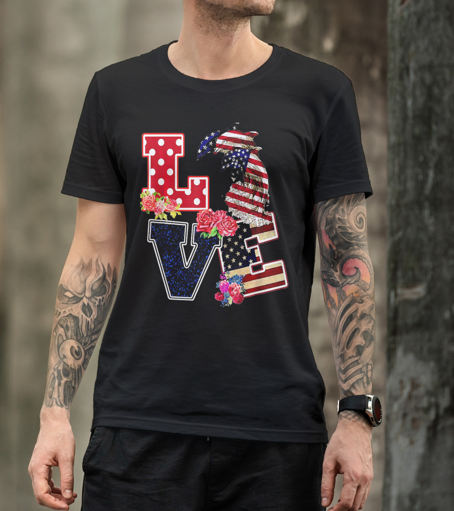 American Flag Love Dolphin Flower T-Shirt