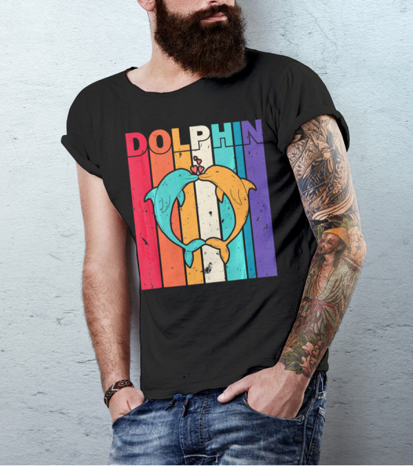 Dolphin Love Colorful Beach Stripes T-Shirt