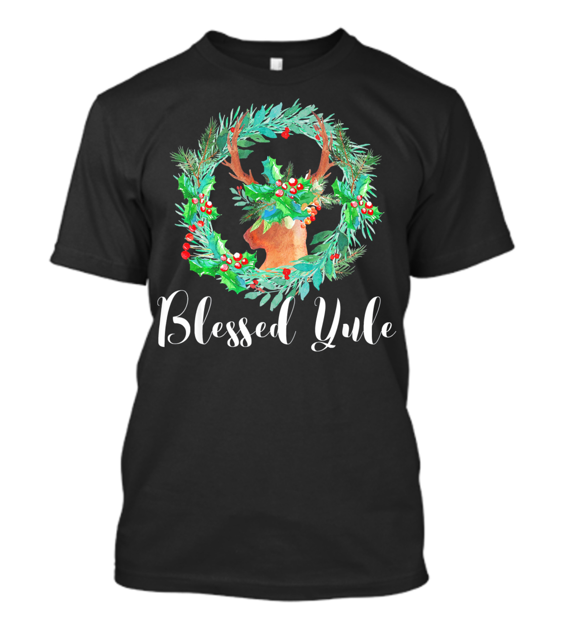 Blessed Yule Winter Solstice Holiday Wreath With Deer Antlers And Holly Berry Foliage T-Shirt