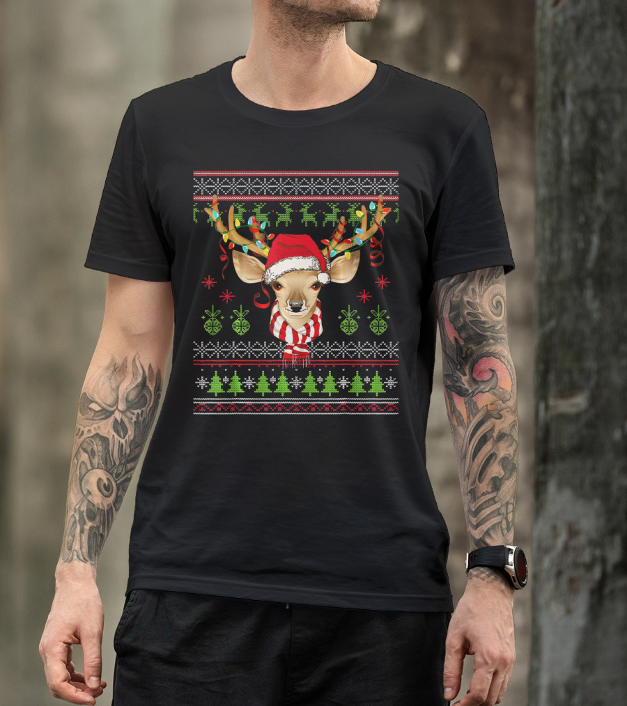 Deer Reindeer Santa Hat Ugly Christmas Lights Festive T-Shirt