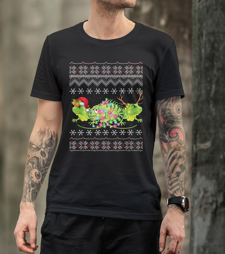 Christmas Three Iguana Cute Love Festive Snowflake Lights T-Shirt