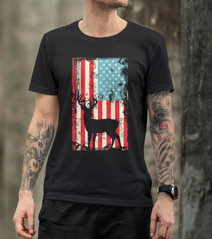 Deer Hunter American Flag Patriotic T-Shirt