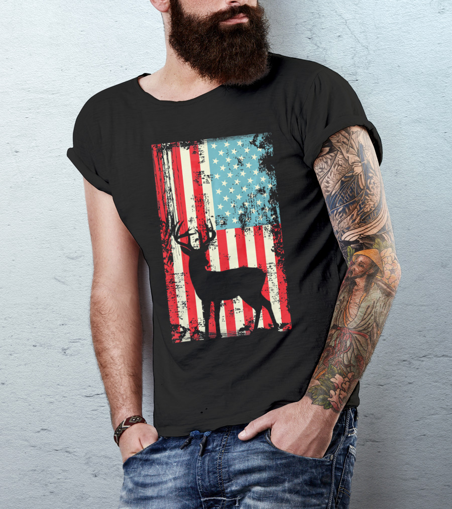 Deer Hunter American Flag Patriotic T-Shirt