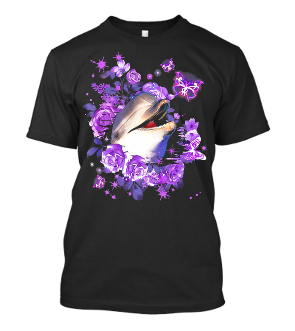 Cute Dolphin Surrounded By Purple Flowers And Butterflies T-Shirt