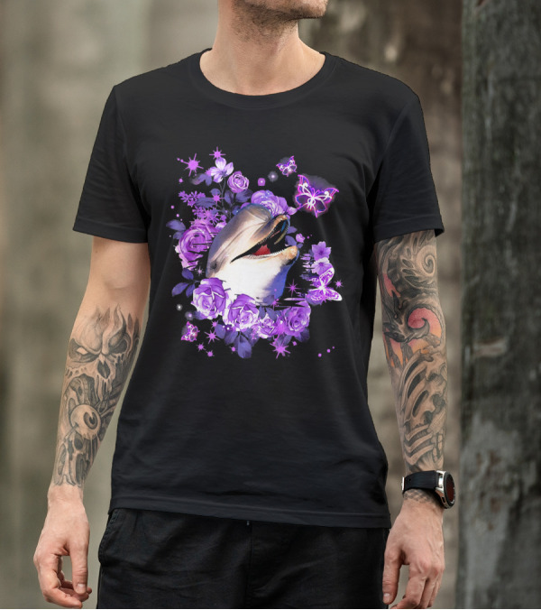 Cute Dolphin Surrounded By Purple Flowers And Butterflies T-Shirt