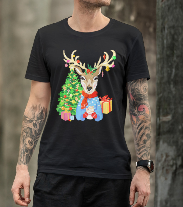 Christmas Deer With Festive Tree And Gifts T-Shirt