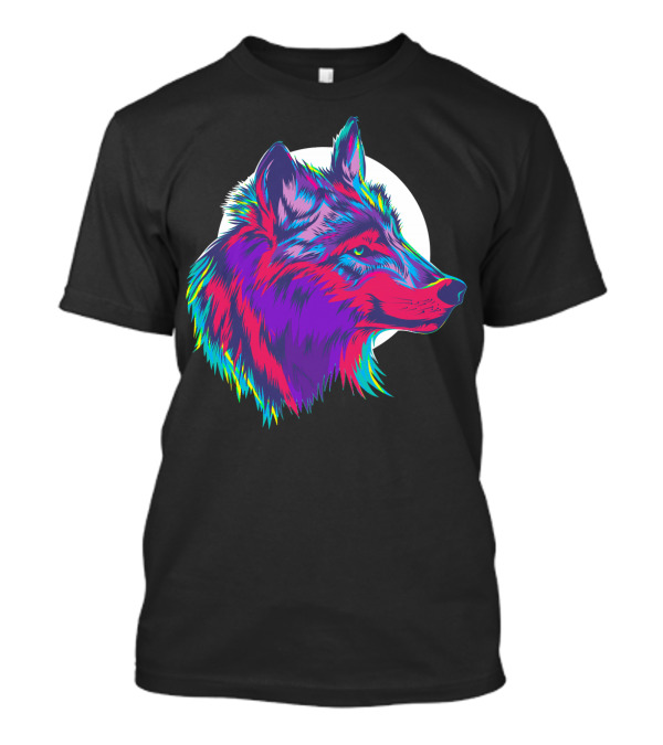 Cute Wolf In Purple Northern Light Color With Vibrant Fur Against T-Shirt