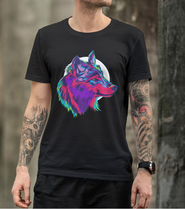 Cute Wolf In Purple Northern Light Color With Vibrant Fur Against T-Shirt