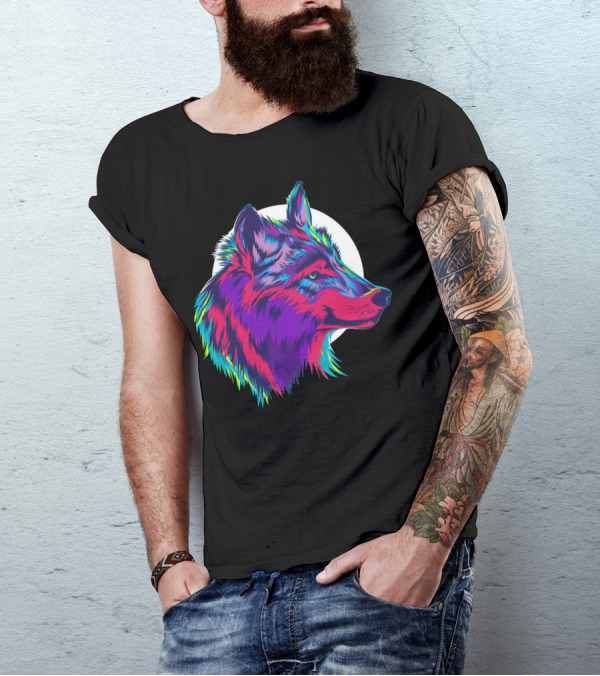 Cute Wolf In Purple Northern Light Color With Vibrant Fur Against T-Shirt