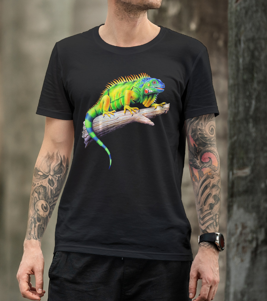 Vibrant Multicolored Iguana On Log T-Shirt