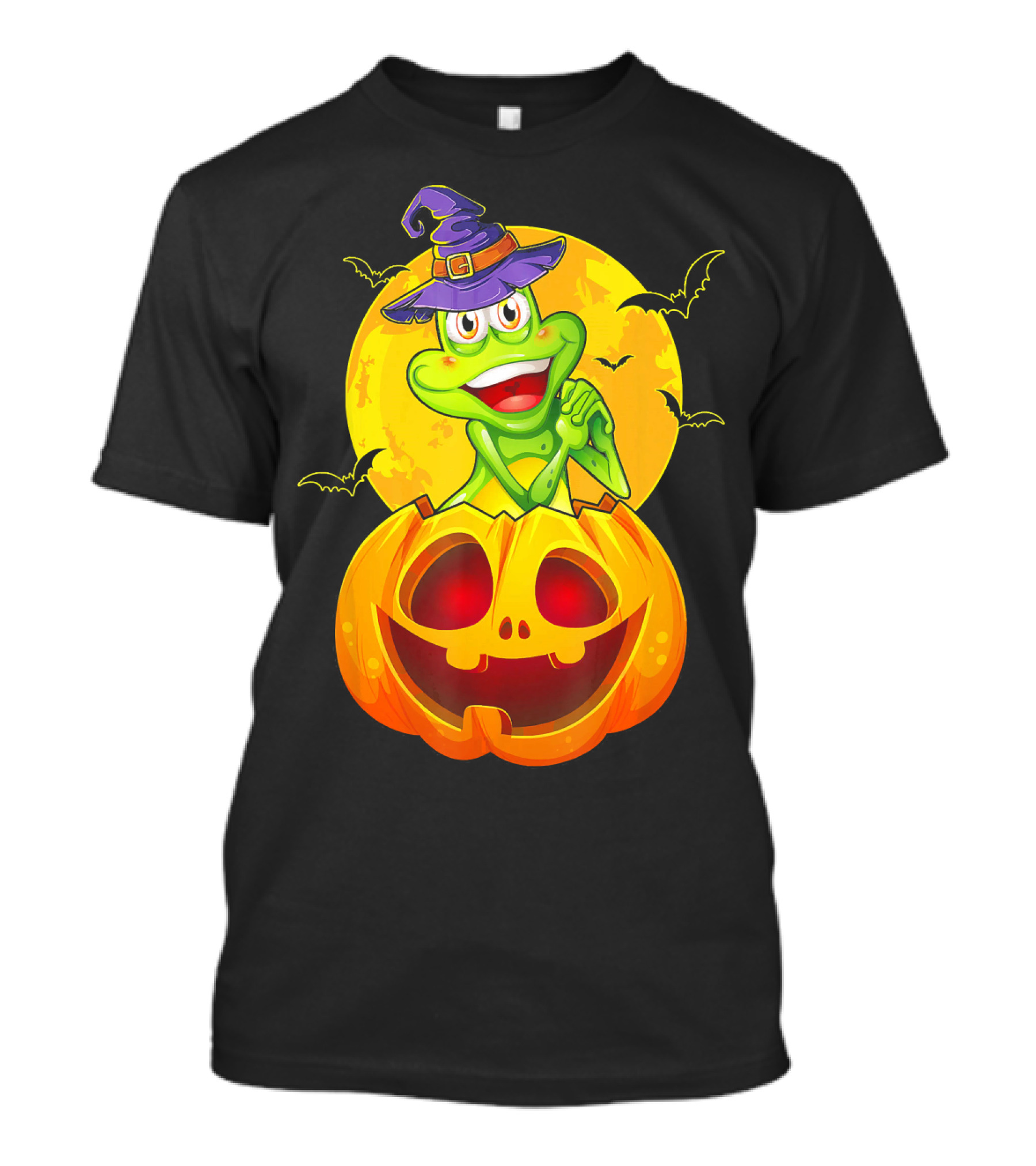 Cute Frog In Witch Hat Jack O Lantern Halloween Bats T-Shirt
