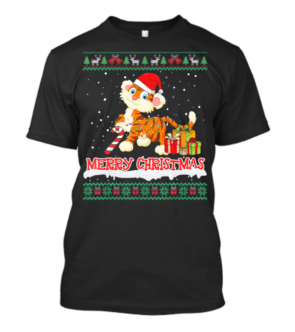 Merry Christmas Santa Tiger With Candy Cane And Gifts T-Shirt