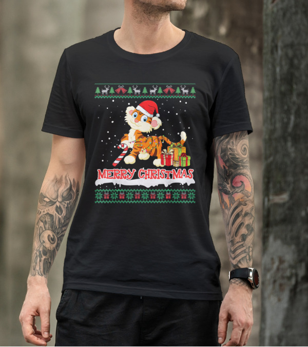 Merry Christmas Santa Tiger With Candy Cane And Gifts T-Shirt