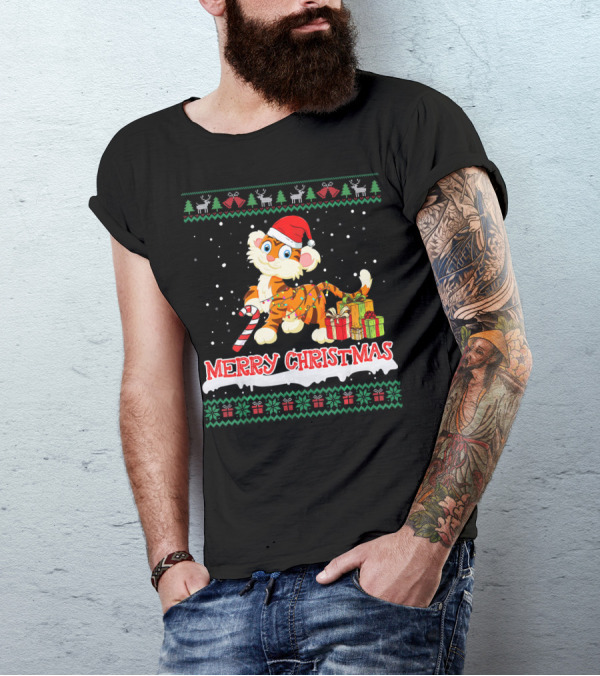 Merry Christmas Santa Tiger With Candy Cane And Gifts T-Shirt