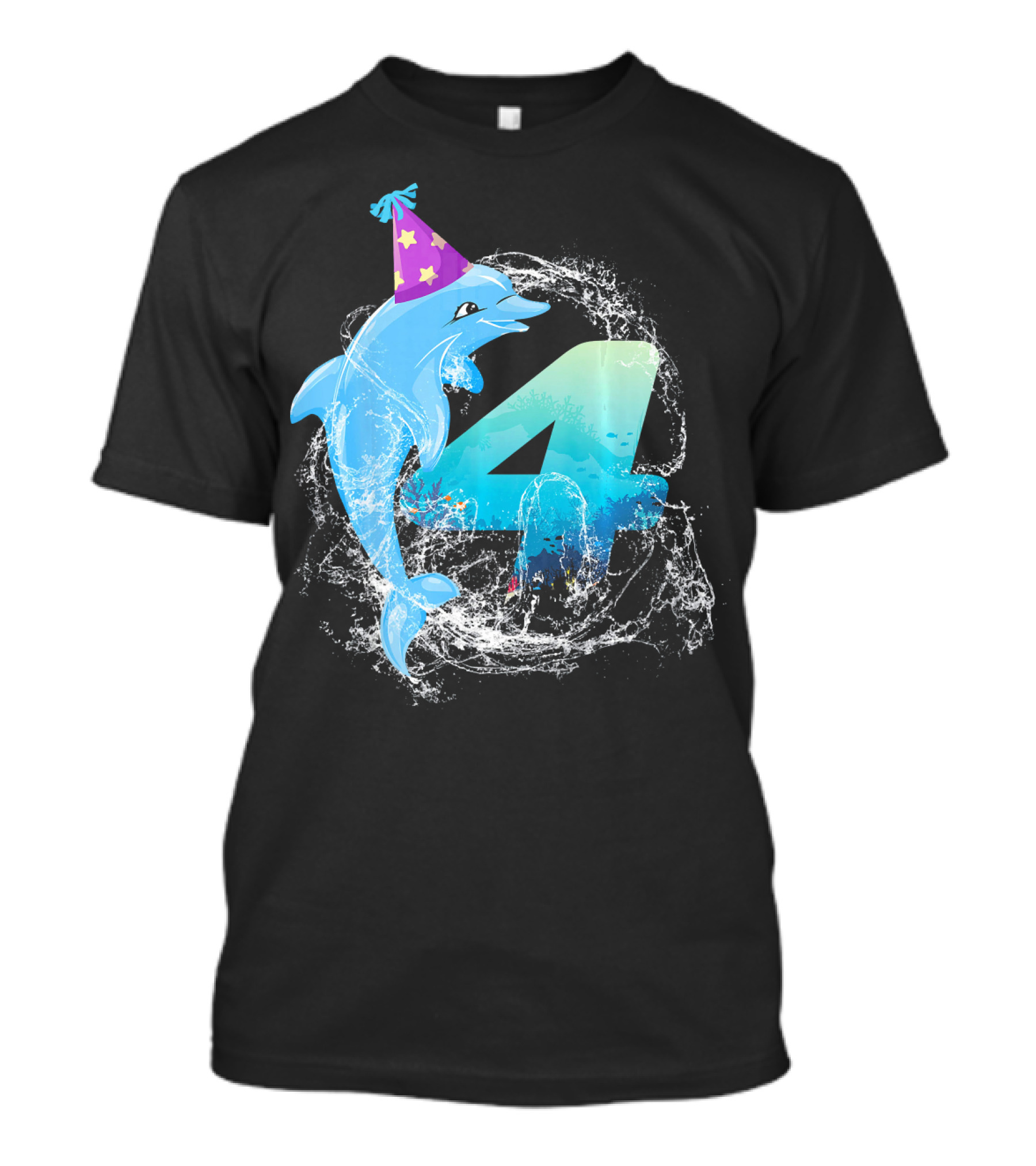 4 Years Old 4th Bday Cute Dolphin Party Hat Splash T-Shirt