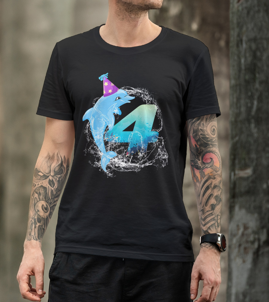 4 Years Old 4th Bday Cute Dolphin Party Hat Splash T-Shirt