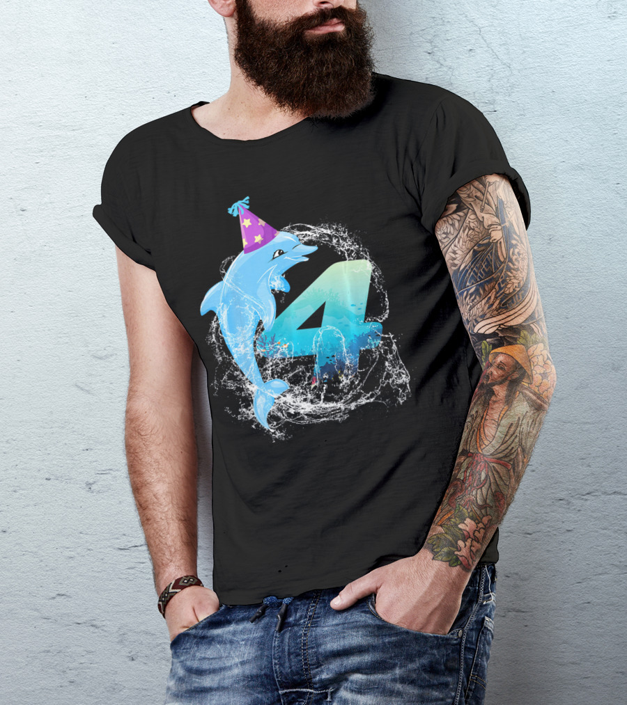 4 Years Old 4th Bday Cute Dolphin Party Hat Splash T-Shirt