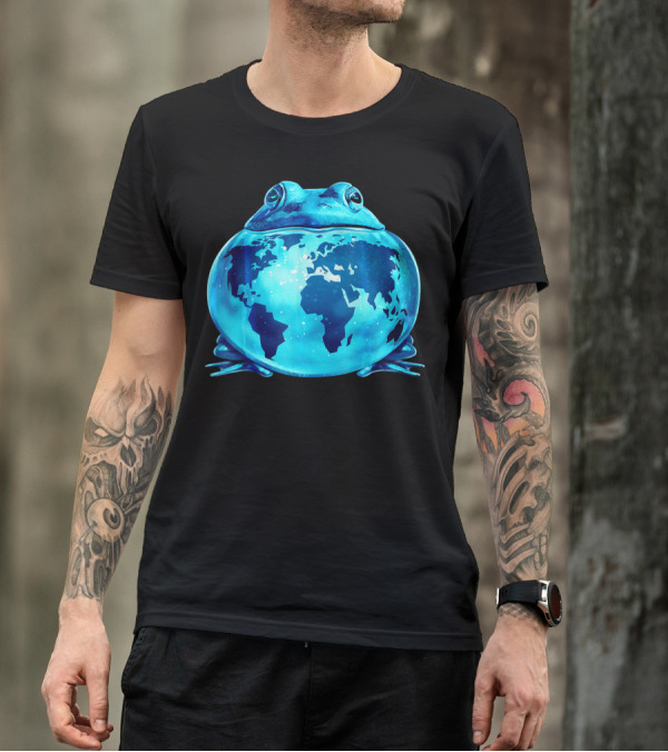 Blue Earth Frog With World Map T-Shirt