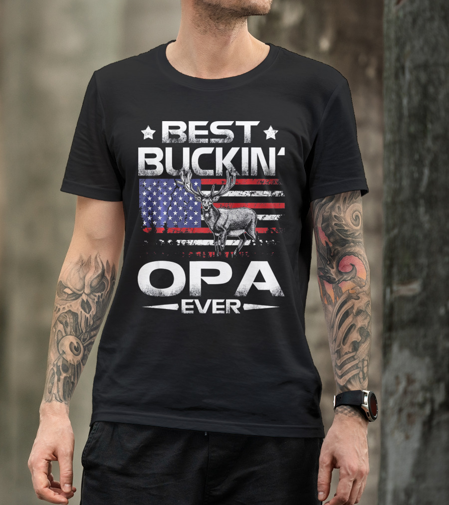 Best Buckin OPA Ever American Flag Deer Hunting Father T-Shirt
