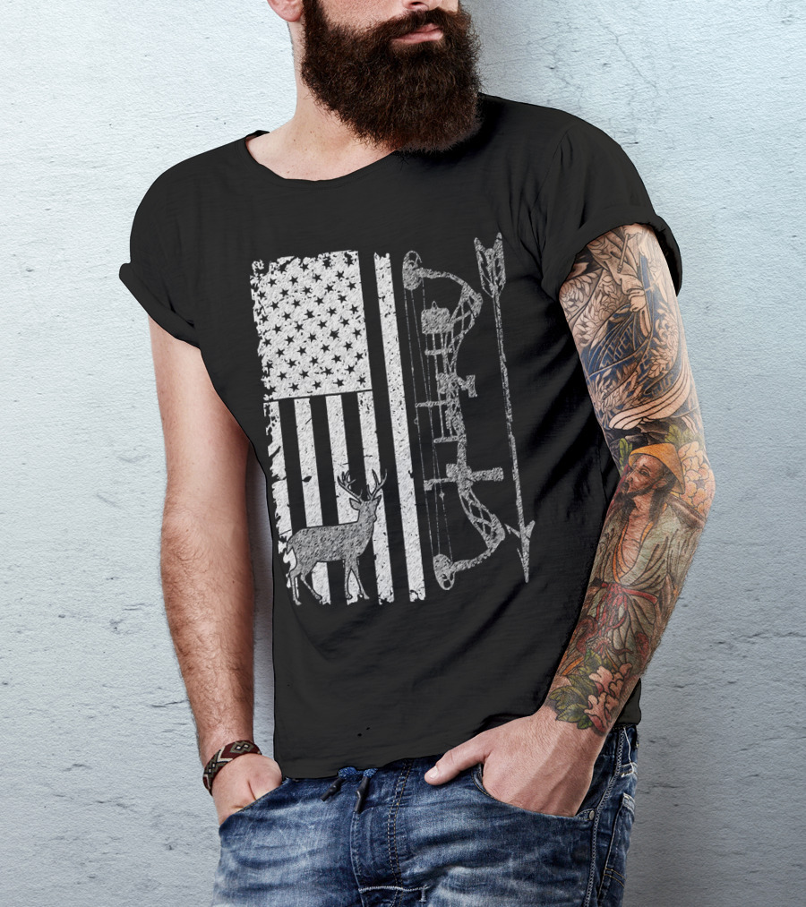 American Flag Deer Bow Hunting Arrow T-Shirt