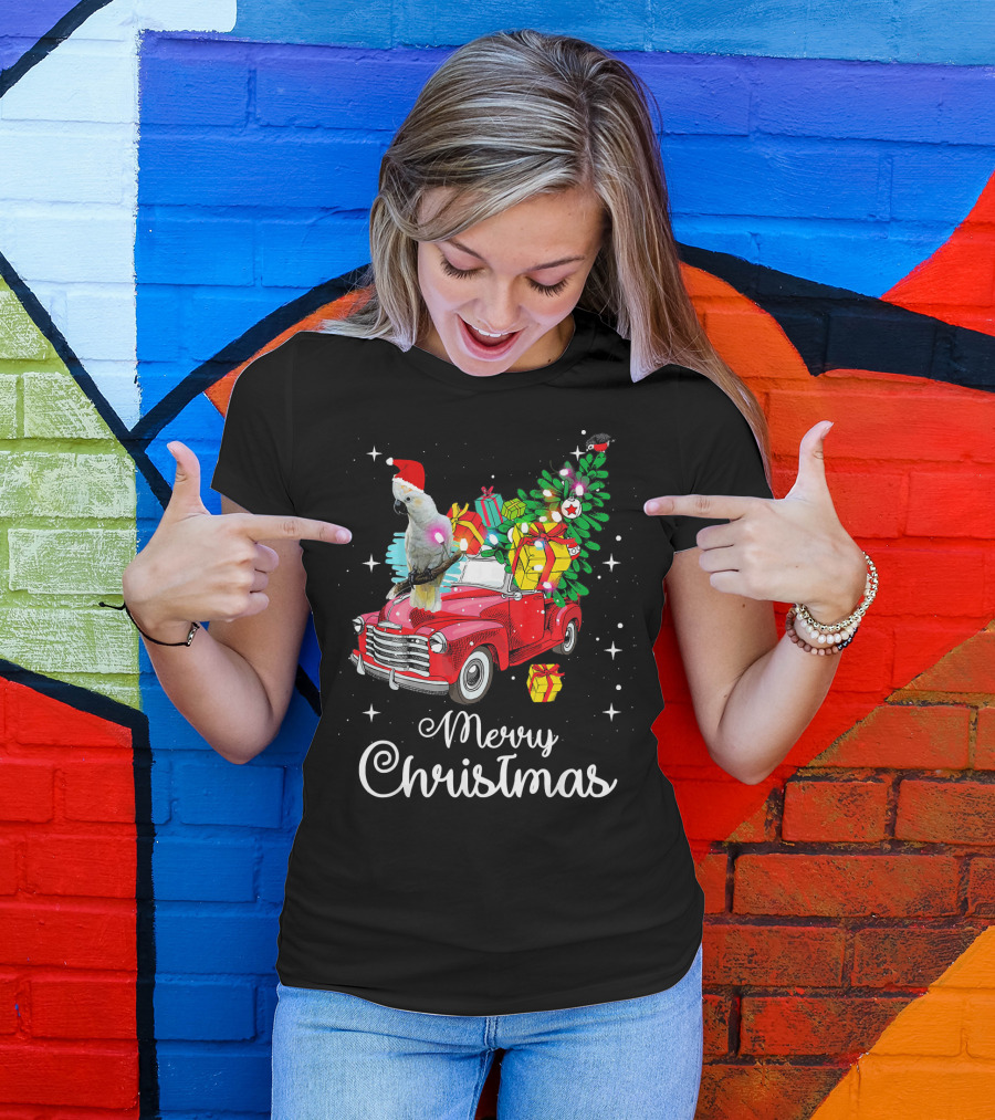 Merry Christmas Cockatoo Bird On Red Truck With Gifts And Tree T-Shirt