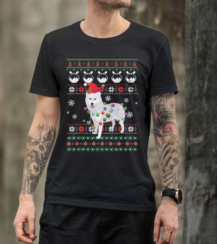Cute Wolf Santa Hat Christmas Lights T-Shirt