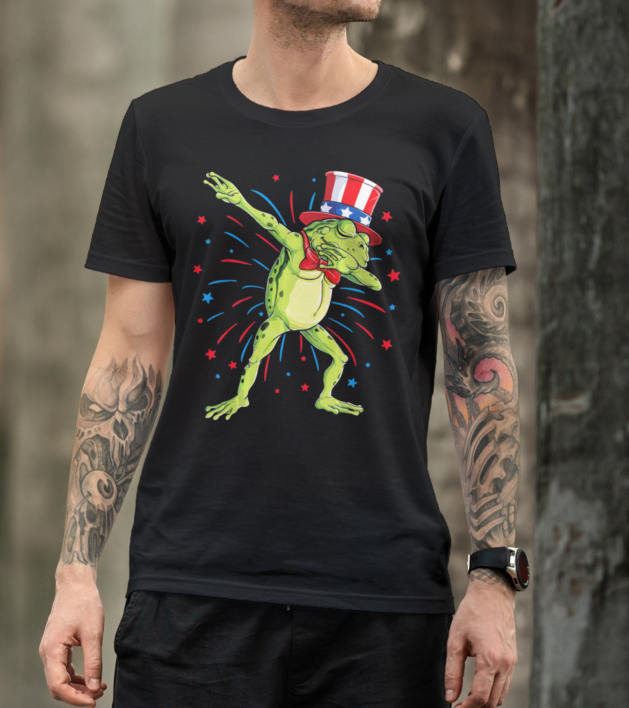 Dabbing Frog Uncle Sam Hat Red White Blue Stars Fireworks 4th Of July T-Shirt