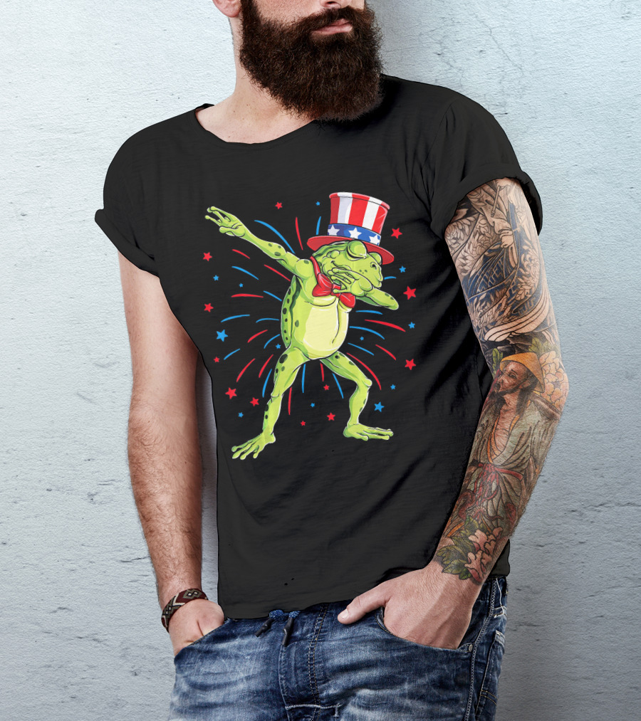 Dabbing Frog Uncle Sam Hat Red White Blue Stars Fireworks 4th Of July T-Shirt