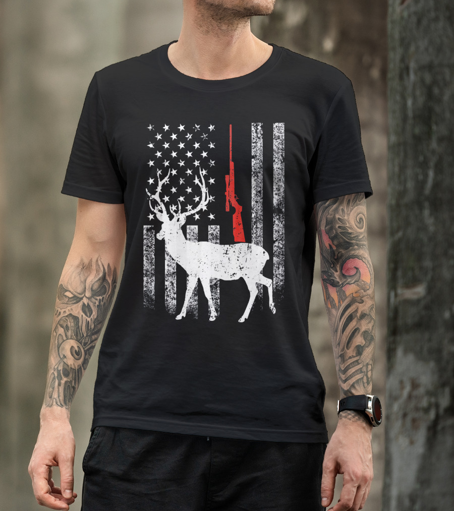 American Flag Deer Hunting Rifle T-Shirt
