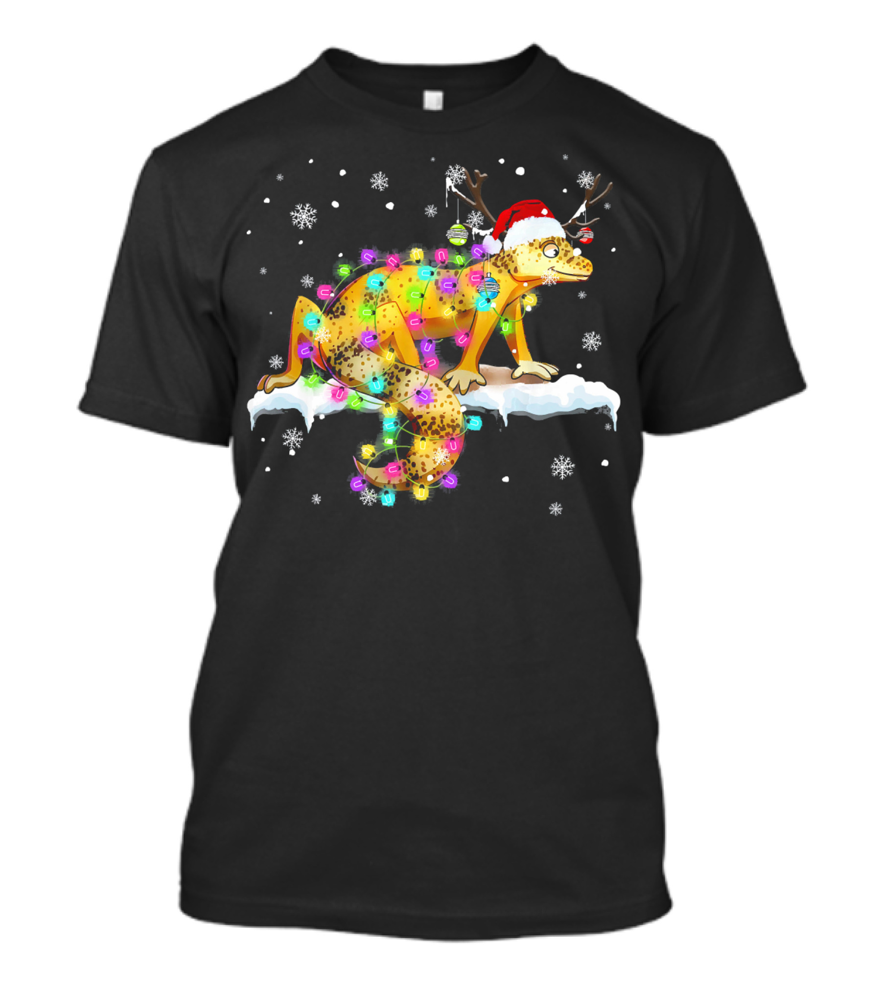 Christmas Lights Leopard Gecko Reindeer Antlers Santa Hat Snowflakes T-Shirt