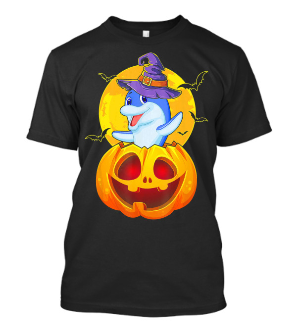 Cute Dolphin Witch Hat Jack O Lantern Moon Bats T-Shirt
