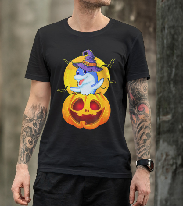 Cute Dolphin Witch Hat Jack O Lantern Moon Bats T-Shirt