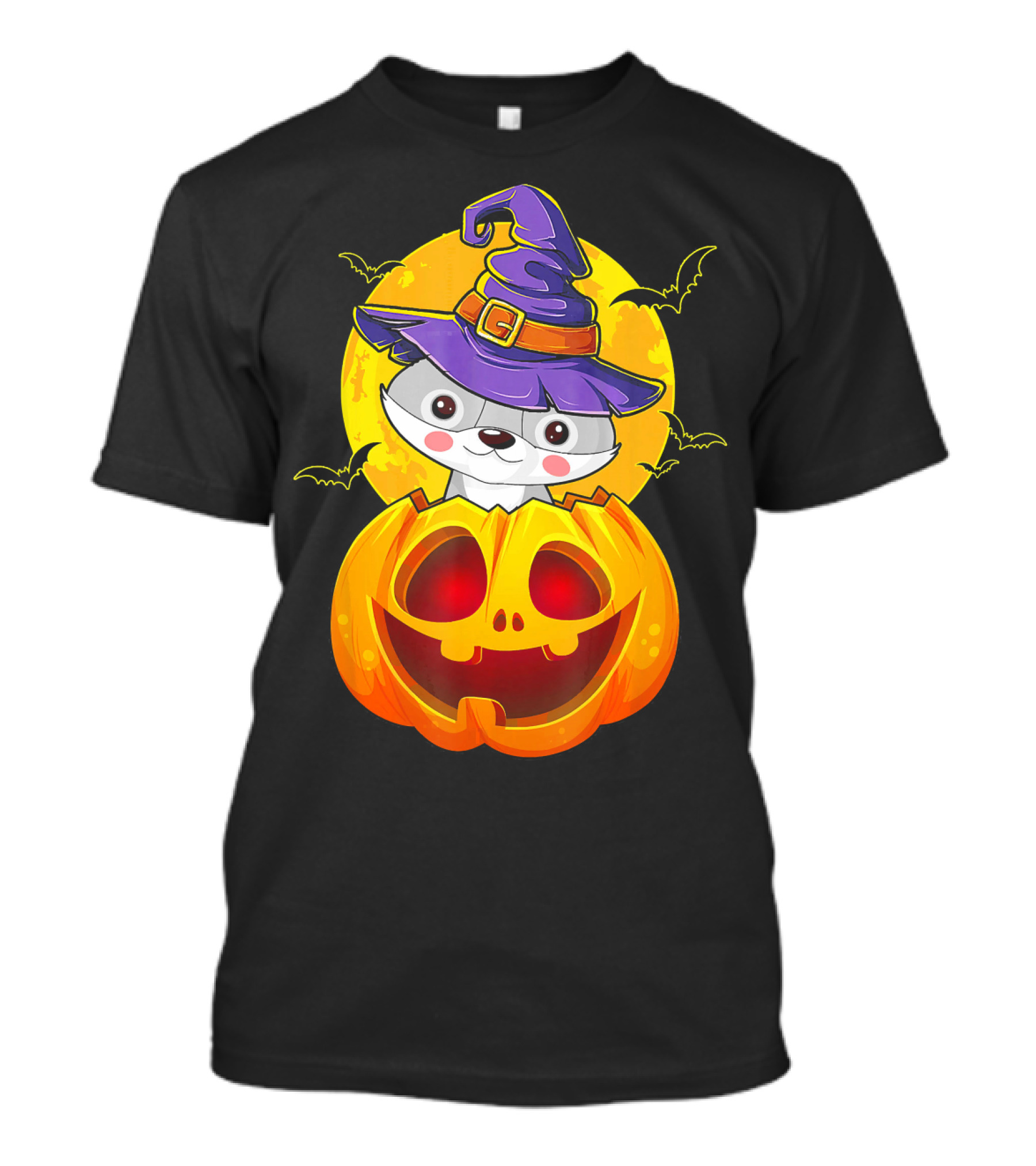 Cute Wolf In Witch Hat With Jack O Lantern And Bats T-Shirt