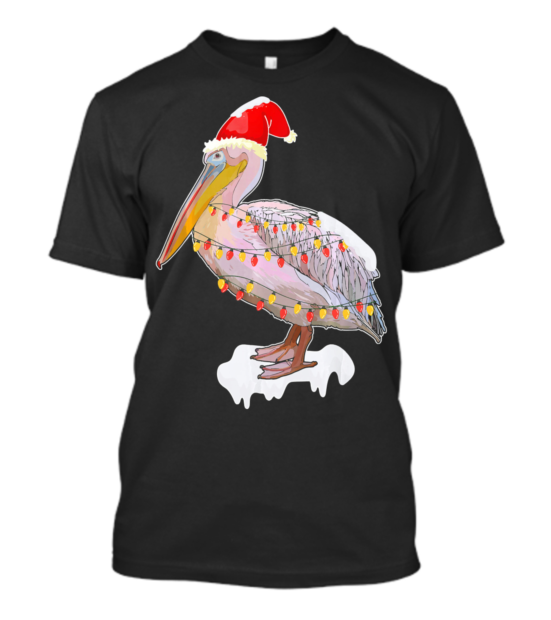 Pelican Wearing Santa Hat Wrapped In Christmas Lights T-Shirt