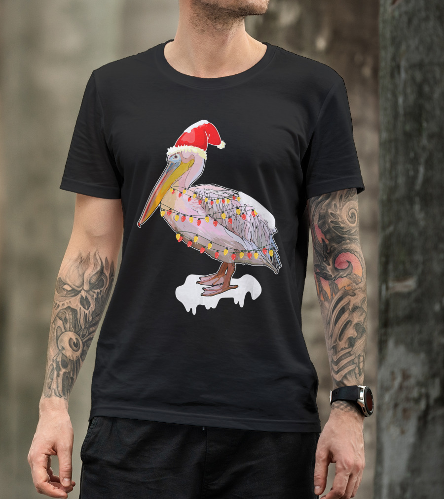 Pelican Wearing Santa Hat Wrapped In Christmas Lights T-Shirt